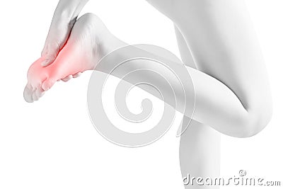 Acute pain in a woman feet isolated on white background. Clipping path on white background. Stock Photo