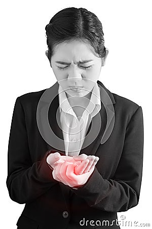 Acute pain in a woman hand isolated on white background. Clipping path on white background. Stock Photo