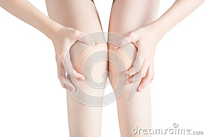 Acute pain in a woman knee isolated on white background. Clipping path on white background. Stock Photo
