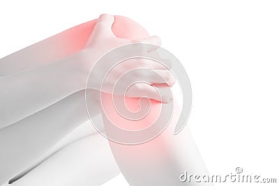 Acute pain in a woman knee isolated on white background. Clipping path on white background. Stock Photo