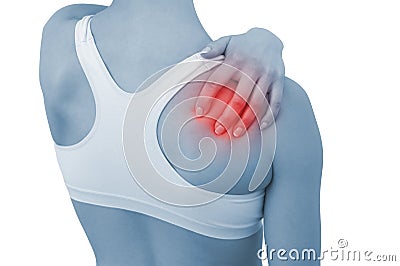 Acute pain in a woman shoulder Stock Photo