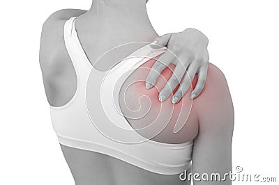 Acute pain in a woman shoulder Stock Photo