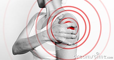 Acute shoulder pain. Hand touch the painful point, bnw image Stock Photo