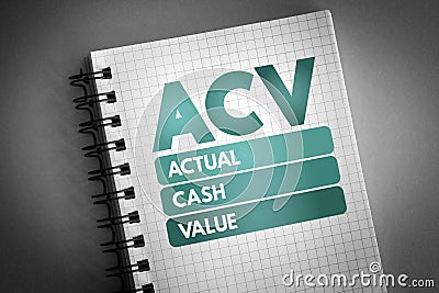 ACV - Actual Cash Value acronym on notepad, business concept background Stock Photo