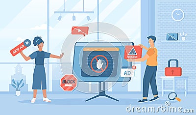 Ad Blocking. No advertising, anti spam protection, without ads concept. Website Adblock software, skip button. Flat cartoon vector Vector Illustration