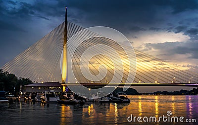 Ada bridge in Belgrade, Serbia at Sunset Editorial Stock Photo