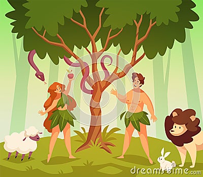 Adam and eve. Bible story scene first man and woman in garden eden, knowledge good and evil, snake of temptation and Vector Illustration