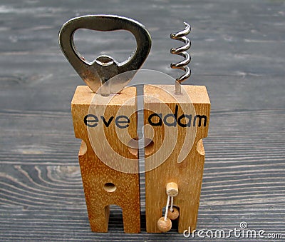 Adam & Eve bottle opener corkscrew bar set Stock Photo