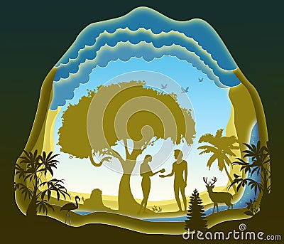 Adam and Eve. Garden of Eden. The Fall of Man. Paper art. Cartoon Illustration