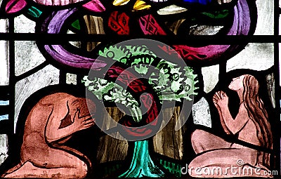 Adam and Eve in Paradise (stained glass) Stock Photo