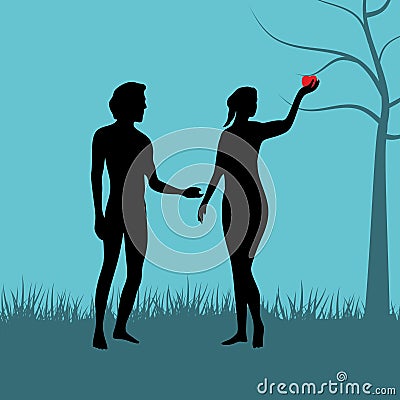 Adam and Eve. Silhouette, hand drawn. Vector Illustration