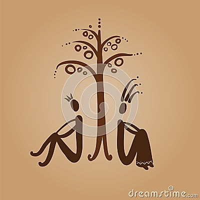 Adam and Eve sitting under a tree Vector Illustration