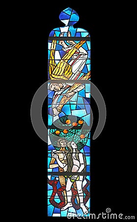 Adam and Eve, stained glass at Evangelical Church in Wasseralfingen, Germany Editorial Stock Photo