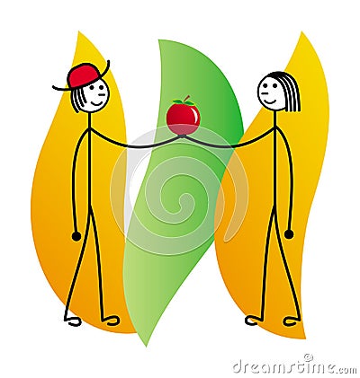 A man and a woman are holding an apple. Cartoon schematic drawing. Vector drawing. Vector Illustration