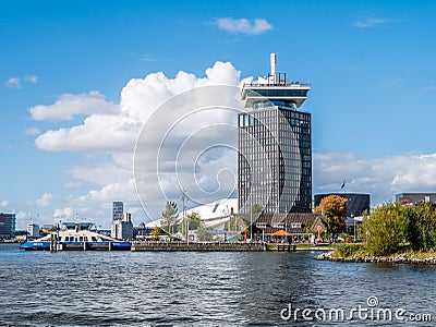 Adam Tower, Eye Filmmuseum and ferry from River IJ, Amsterdam, N Editorial Stock Photo