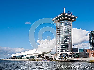 Adam Tower and Eye Filmmuseum from River IJ, Amsterdam, Netherlands Editorial Stock Photo