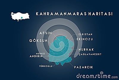 Kahramanmaras districts afsin, goksun, andirin, turkoglu, elbistan, ekinozu, nurhak, caglayancerit, pazarcik map, Turkey Stock Photo