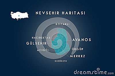 Nevsehir districts Acigol, Avanos, Derinkuyu, Gulsehir, Hacibektas, Kozakli, Urgup map, Turkey Stock Photo