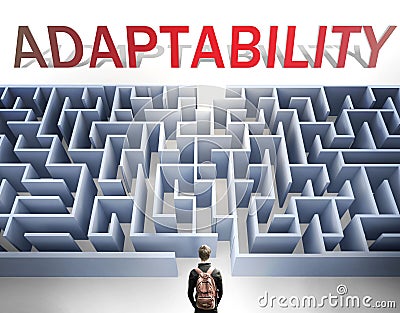 Adaptability can be hard to get - pictured as a word Adaptability and a maze to symbolize that there is a long and difficult path Cartoon Illustration