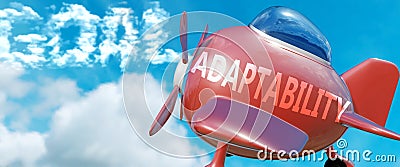 Adaptability helps achieve a goal - pictured as word Adaptability in clouds, to symbolize that Adaptability can help achieving Cartoon Illustration