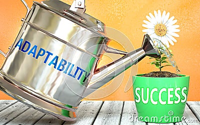 Adaptability helps achieve success - pictured as word Adaptability on a watering can to show that it makes success to grow and it Cartoon Illustration