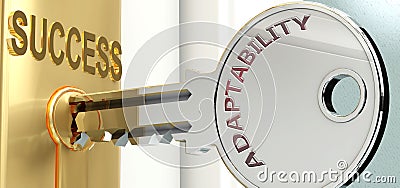 Adaptability and success - pictured as word Adaptability on a key, to symbolize that Adaptability helps achieving success and Cartoon Illustration