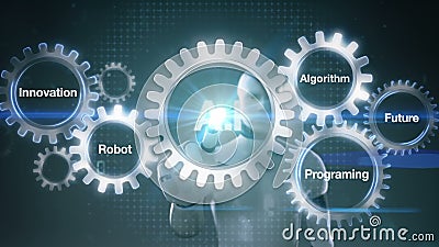 Adapte con la palabra clave, futuro, programando, algoritmo, innovación, robot, ` A de la pantalla táctil del cyborg del robot I ilustración del vector Adapte con la palabra clave, futuro, programando, algoritmo, innovación, robot, ` A de la pantalla táctil del cyborg del robot I ilustración del vector