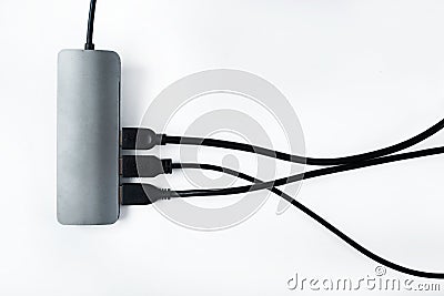 Adapter with external hard drives on a white background.Many different connections via the USB connector Stock Photo