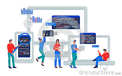 Programmersdeveloping cross platform adaptive software, flat vector isolated. Vector Illustration