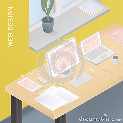 Adaptive web design for various devices. Colorful vector illustration with responsive design on computer, tablet Vector Illustration