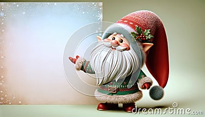 Whimsical Christmas Gnome Pointing to Blank Advertising Space Stock Photo