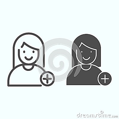 Add a friend line and solid icon. Plus a new person vector illustration isolated on white. Add a contact outline style Vector Illustration