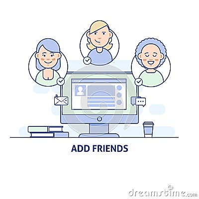 Add friends. Social Network Social Media icon in thin line style Vector Illustration