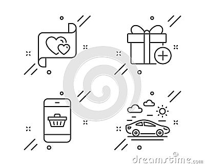 Add gift, Smartphone buying and Love letter icons set. Car travel sign. Present box, Website shopping, Heart. Vector Vector Illustration