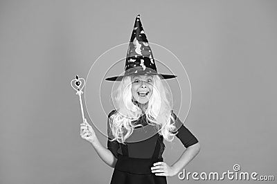 Add magic to your life. witch do magic. small child witch hat. trick or treat. supernatural charmer. kid enchantress Stock Photo