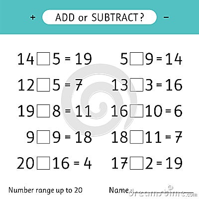 Add or subtract. Number range up to 20. Mathematical exercises. Worksheets for kids. Addition and subtraction Vector Illustration