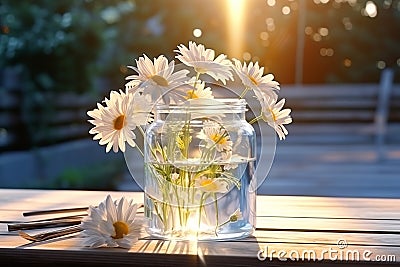 Whimsical Blooms: A Jar of Frosted White Daisies to Brighten Your Day Stock Photo