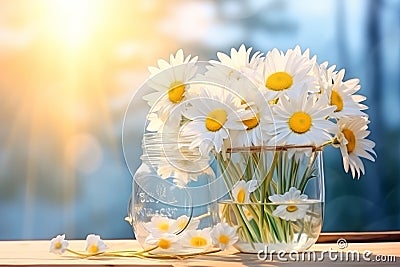 Charming Frosted Daisies: A Delightful Jar of Nature's Beauty Stock Photo