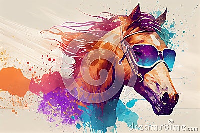 Cool Horse with Sunglasses and Graphic Art Illustration Colorful Cartoon Illustration