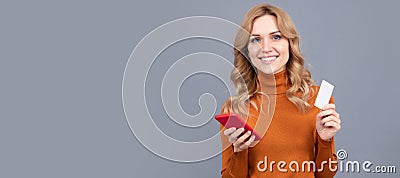 Add your contact info on phone. Happy girl hold cellphone and contact card. Business communication. Woman portrait Stock Photo