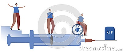 Addict and a big syringe as a concept for stopping addiction, screaming stock vector illustration with a young man, infalid in a Vector Illustration