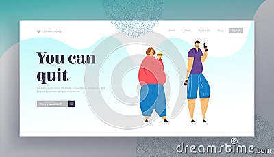 Addict of Food and Alcohol Drinks Website Landing Page, Addiction, Overweight Woman Eating Burger, Man Drinking Beer Vector Illustration