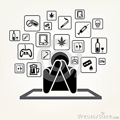 Addict man and set of addiction symbols Vector Illustration