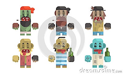 Addict Men Set, Male Characters Having Pernicious Habits, Drug, Alcoholism, Smoking Vector Illustration Vector Illustration