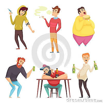 Addicted lifestyle. Alcoholism drugs and addiction from unhealthy habits vector cartoon characters in action poses Vector Illustration