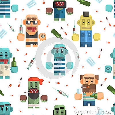 Addicted Men Seamless Pattern, Male Characters Having Pernicious Habits, Drug, Alcoholism, Smoking, Vagrancy Vector Vector Illustration