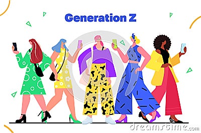 addicted young people using gadgets generation Z digital addiction concept horizontal Vector Illustration