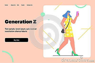 addicted young woman using smartphone generation Z digital addiction concept horizontal copy space Vector Illustration