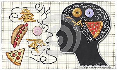 Addiction illustrated with Fast Food and Brain Stock Photo