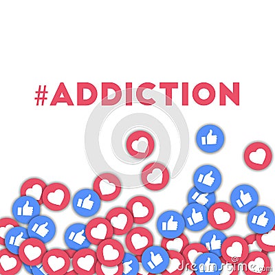 Addiction. Social media icons in abstract shape background with scattered thumbs up and hearts. Cartoon Illustration